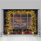 Aperturee - Aperturee Christmas Window Photography Backdrop Snowy Village View with String Lights Holiday Mini Session Background